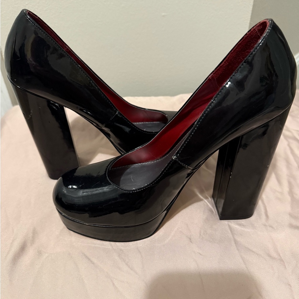 Black Patent Platform Block Heel Pumps - Women's